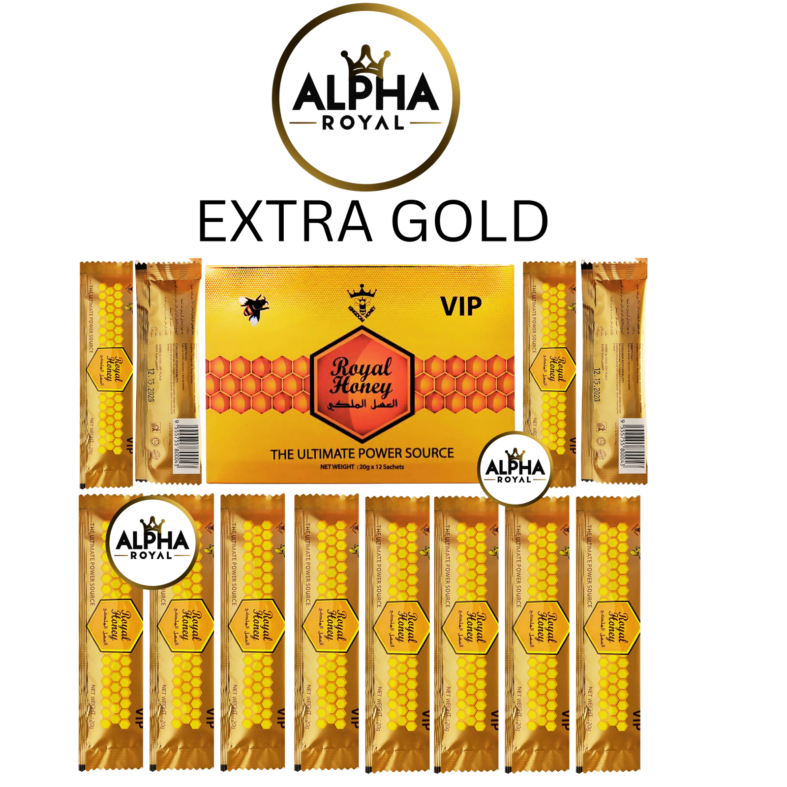 ALPHA ROYAL HONEY PRODUCTS (1) VIP Royal Honey for Men – Extra Gold-12 Sachets (20g Each) - Image 1